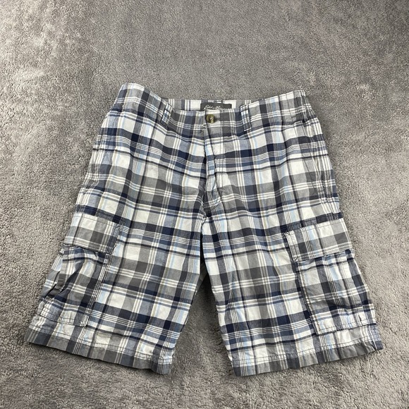 Eddie Bauer Cargo Shorts Mens 32 Blue Plaid Regular - Picture 1 of 13